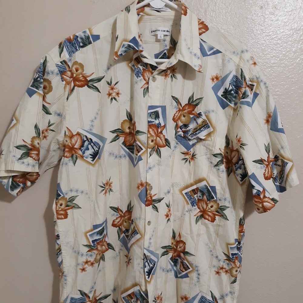 Pierre Cardin Sz L Hawaiian Shirt Blue